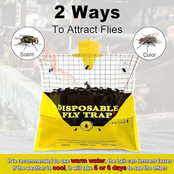 Glovv Fly Traps Outdoor Hanging with Fly Bait, 8 Pack Disposable Bags Hunter Ranch Trap, Flies Control Bug Catcher Killer Repellent for Stable Horse Barn & Farm