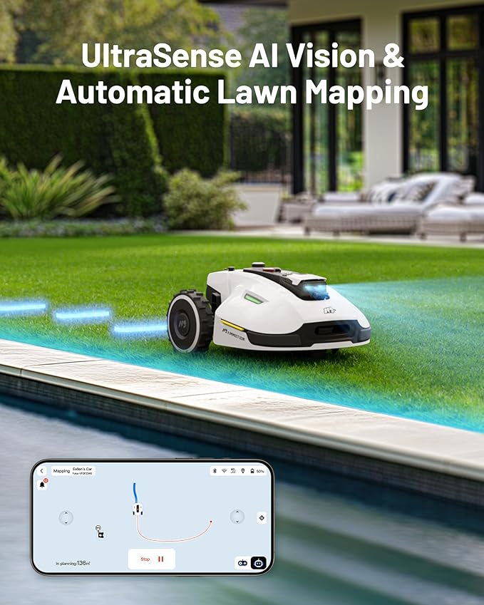 YUKA 2000 Robot Lawn Mower with 4G, Reception 0.5 Acre,Max. 0.7 Acre, Ultrasense AI Vision & RTK, Auto Mapping & App Control,45% Slope,Wireless Perimeter,Dual Cutting Discs, 20 Mowing Zones