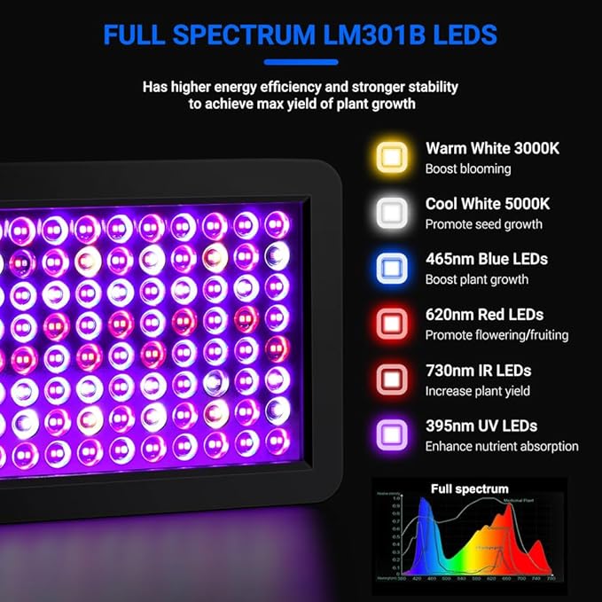 2024 Upgraded BW2000 LED Grow Lights Double Chips Full Spectrum with 10ft Cable for Greenhouse and Indoor Plant Veg and Flower Growing [Black]