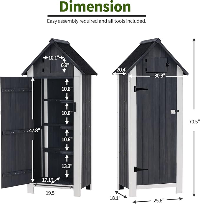 MCombo Outdoor Storage Cabinet with Shelves, Wooden Outside Storage Shed with Floor, Garden Tool Shed for Patio Yard Lawn, 0770 (Gray)