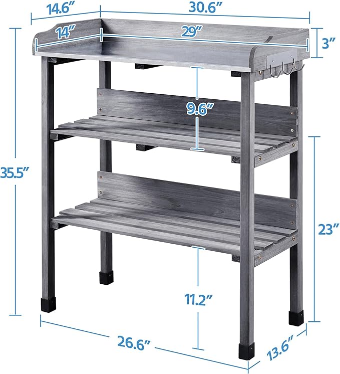 Yaheetech Garden Potting Table Horticulture Potting Bench w/Storage Shelf W/Metal Tabletop w/Hook 3 Shelves Workstation Work Benches Station, Gray