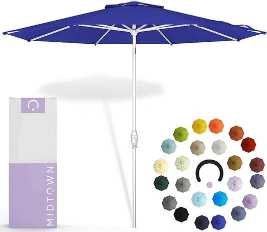 Midtown Umbrellas The Swilt 10 Feet Patio Umbrella in Terylast Midnight (Royal Blue) Polyester Fabric - Fiberglass Ribs, Auto-Tilt Aluminum Frame For Backyard, Deck, Garden, Pool - White Pole