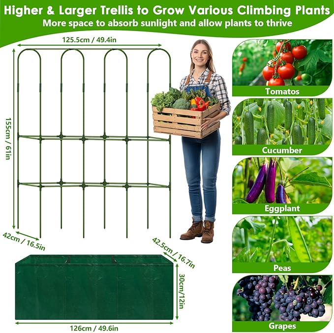 Cucumber Trellis for Climbing Plants with Grow Bag, 61" Tall Metal U-Frame Garden Trellis for Raised Bed with Garden Netting and Plant Clip Plant Ties for Vegetables, Squash, Pea, Grape