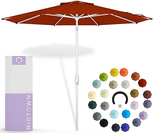 Midtown Umbrellas The Swilt 8 Feet Patio Umbrella in Terylast Apple (Red) Polyester Fabric - Fiberglass Ribs, Auto-Tilt Aluminum Frame For Backyard, Deck, Garden, Pool - White Pole