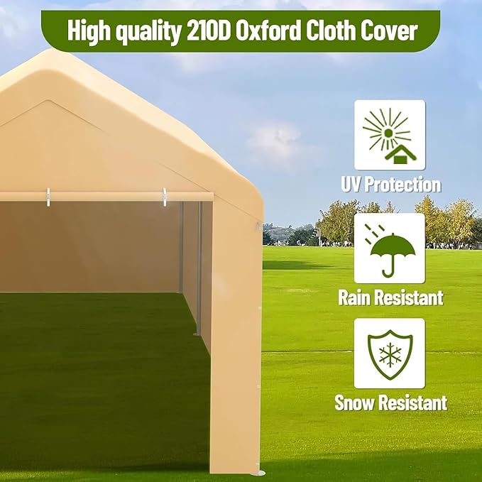 10x20 Ft. Metal Carport Garage with PE Fabric and Galvanized Steel Frame Outdoor Shelter for Cars, Trucks and Boats with 4 Doors and Mesh Windows for Ventilation - Yellow