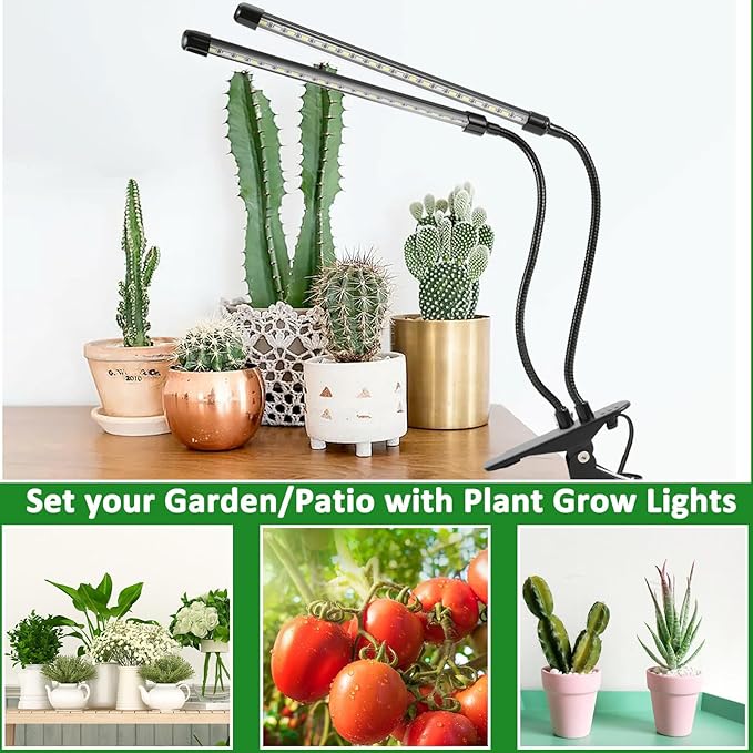 Grow Lights for Indoor Plants, 6000K Full Spectrum Plant Lights for Indoor Growing White Red Led, Clip On Grow Light Plant Lamp for Seeding,Dimmable &Auto on/Off Timmer (Red+Blue, 2Head-1Pack)