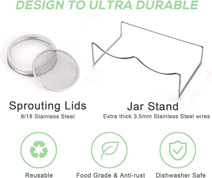 Sprouting Jar Kit-2 Wide Mouth Quart Mason Jars with 316 Stainless Steel Screen Sprout Lids, Drip Tray, Stand | Seed Sprouter Set for Growing Broccoli, Alfalfa, Mung Bean