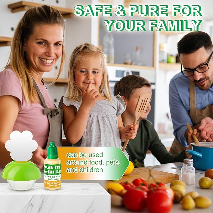 Qualirey Fruit Fly Trap for Indoors, 4 Pack Fruit Fly Trap with 4 Refill Liquid and 60 Yellow Sticky Pads, Safe Near Pets, Food and Kids, Fruit Flies Lure Liquid Trap for Home Kitchen