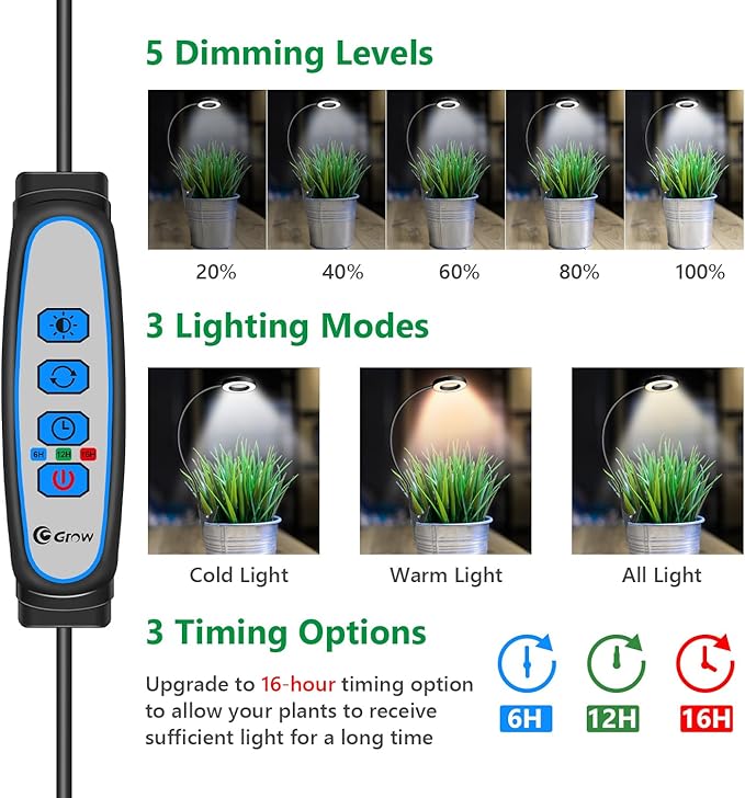 Plant Lights for Indoor Growing, 144 LED Full Spectrum Grow Light with Clip 3 Pack, Black Halo Indoor Plant Light 2 Installation Options with 6/12/16H Timer, 5 Dimmable, 3 Modes