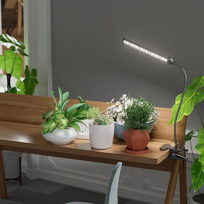 GooingTop Grow Light for Indoor Plants Growing,5000K White Full Spectrum Gooseneck Plant Lamp Clip-on Desk for Pot Plant Seed Starting,Dimmable with Auto Timer