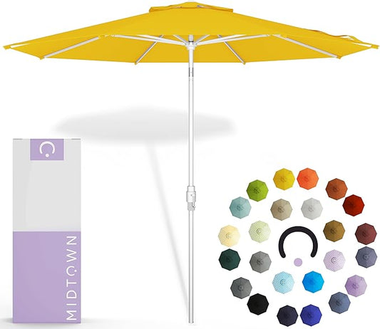Midtown Umbrellas The Swilt 8 Feet Patio Umbrella in Terylast Sunflower (Yellow) Polyester Fabric - Fiberglass Ribs, Auto-Tilt Aluminum Frame For Backyard, Deck, Garden, Pool - White Pole