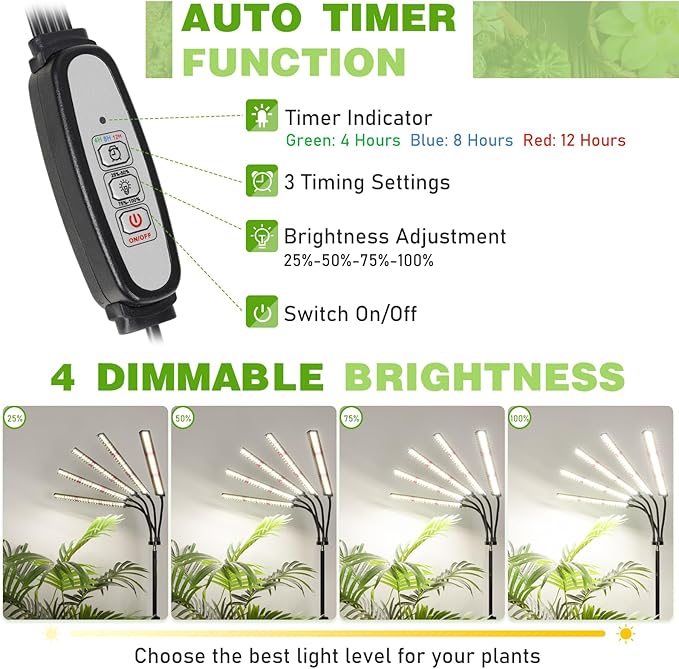 FOXGARDEN Grow Lights for Indoor Plants with Stand, Full Spectrum Plant Lights for Indoor Growing with Flexible Gooseneck, Five-Head Floor Grow Lamp with 4/8/12H Timer & 4 Brightness Levels