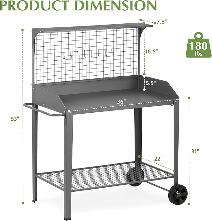 Outdoor Metal Potting Bench with Wheels, Heavy Duty Garden Workbench Table with Storage Shelf (Dark Gray, 52.8"x36.6")
