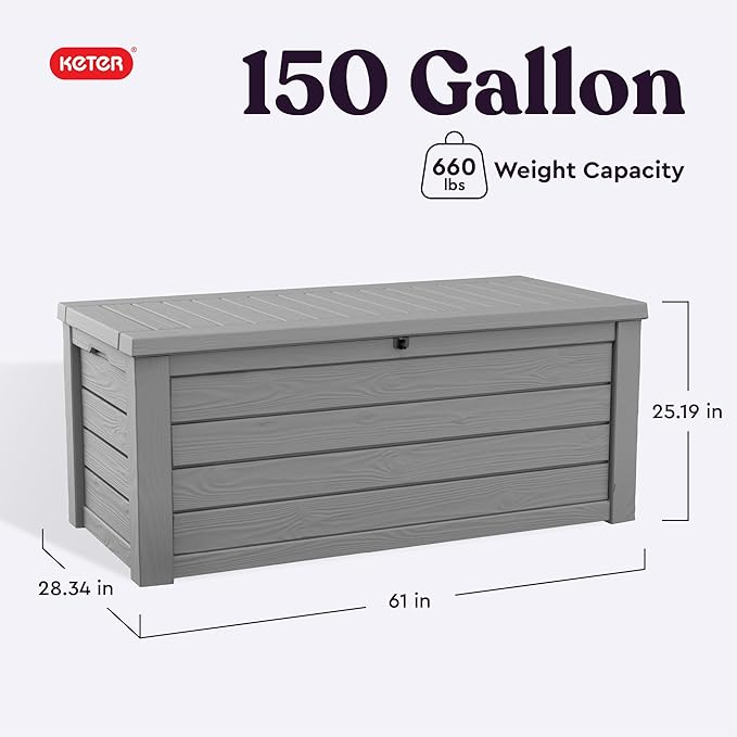 Keter Westwood 150 Gallon Resin Large Outdoor Storage Box for Patio Furniture, Outdoor Cushions, Garden Tools and Pool Floats, Light Grey