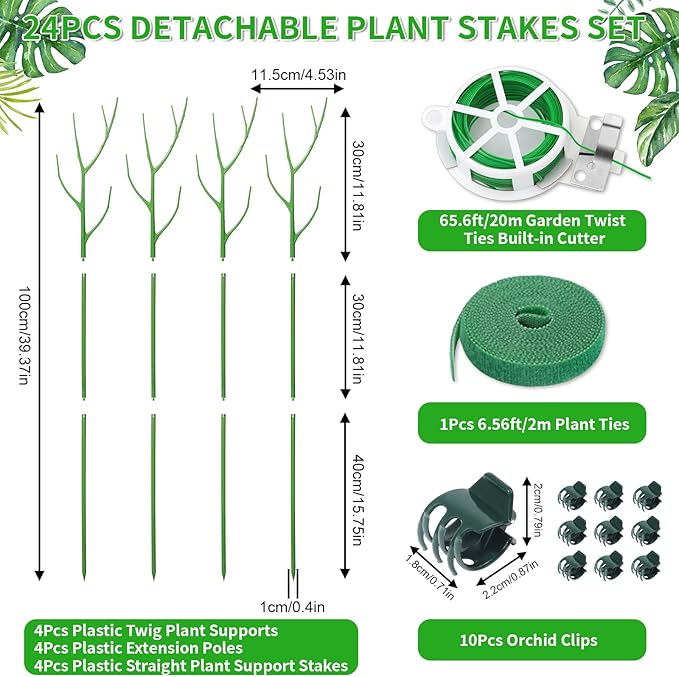 4 Pack 39.37" Detachable Twig Plant Support Stakes Set, Blends in to Plant, Branch Plant Sticks with Orchid Clips Twist Plant Ties, Twig Trellis for Indoor Outdoor Plants Potted Plants Flower