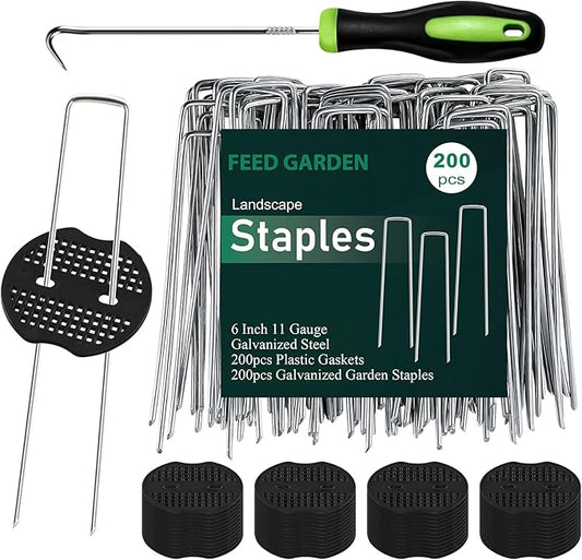 FEED GARDEN 6 Inch 200 Pcs Galvanized Landscape Staples 200 Pcs Gaskets Pick Hook Garden Stakes 11 Gauge Anti-Rust Landscaping Fabric SOD Pins U Shaped Yard Turf Stakes for Weed Barrier Fabric