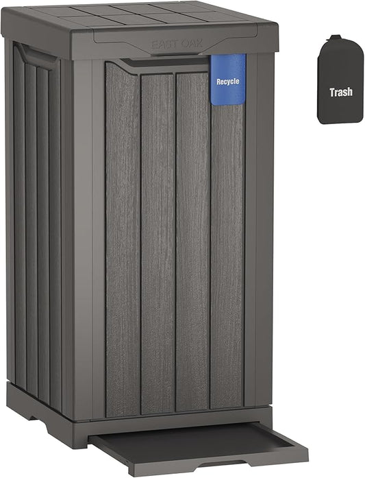 EAST OAK 31 Gallon Outdoor Trash Can | Waterproof Resin Garbage Can with Recycle and Garbage Labels | Secure Bag Lip Lock and Drip Tray | Outside Trash Bin for Patio | Kitchen, Backyard or Deck | Gray
