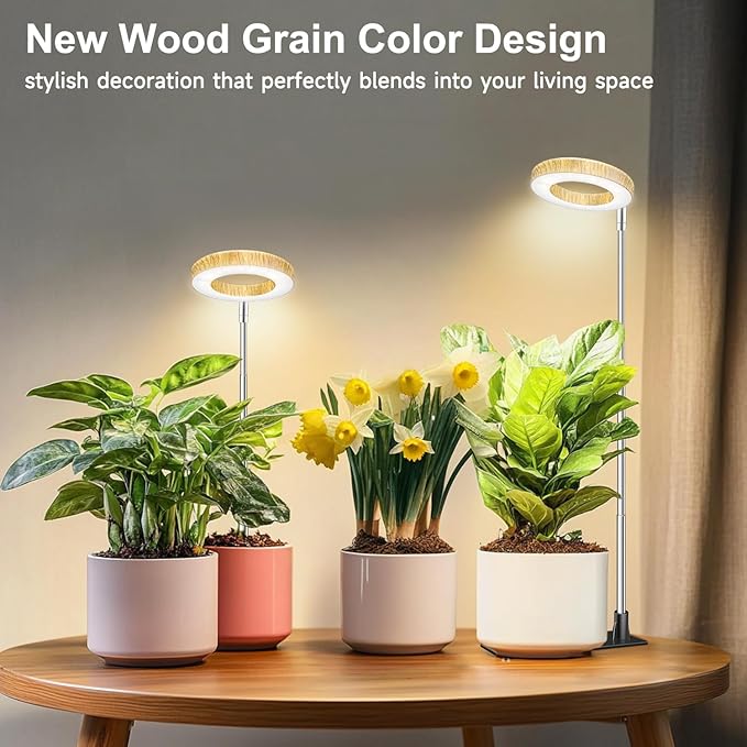 Grow Lights for Indoor Plants, 48 LEDs Full Spectrum Plant Grow Light, Height Adjustable Faux Wood Grain Halo Plant Light with Base, 3 Optional Spectrums, Auto Timer 6/12/16Hrs, 5 Brightness
