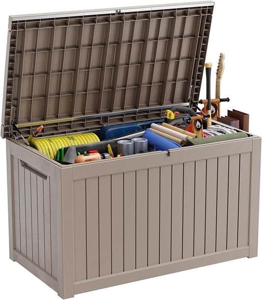 230 Gallon Large Deck Box,Resin Outdoor Storage Box with Lockable for Patio Furniture, Pool Accessories, Garden Tools Waterproof Outside Storage Box, Grey