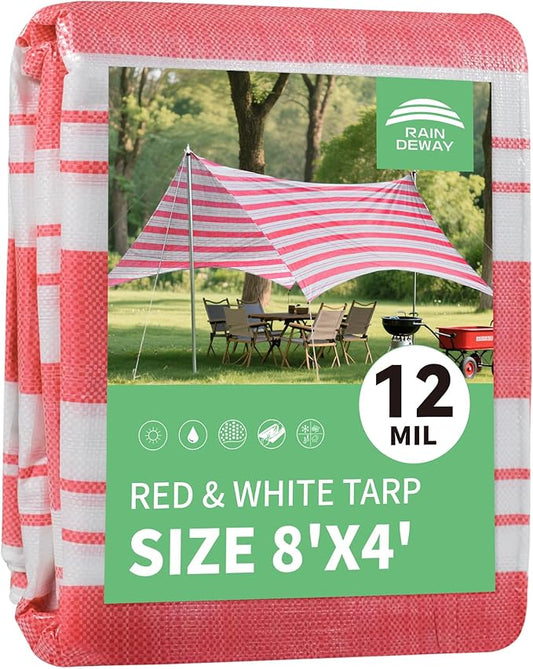 RAINDEWAY Tarps 4x8 Feet,12 Mil Sunshade Striped Tarp Waterproof,Multipurpose Poly Tarp Cover with Grommets and Reinforced Edges,Red/White Tarps