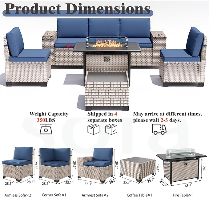 7 Pieces Patio Furniture Set with Fire Pit Table, Outdoor Sectional Wicker Sofa with Thickened Cushions and Coffee Table, High Back Rattan Patio Conversation Sets, Navy
