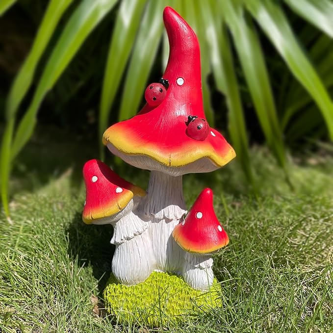 COWOS Solar Mushroom Garden Statue, Fairy Garden Accessories Outdoor Statues, Mushroom House Decor, 3 Mushrooms Head for Patio Yard Lawn Porch Outdoor Decor