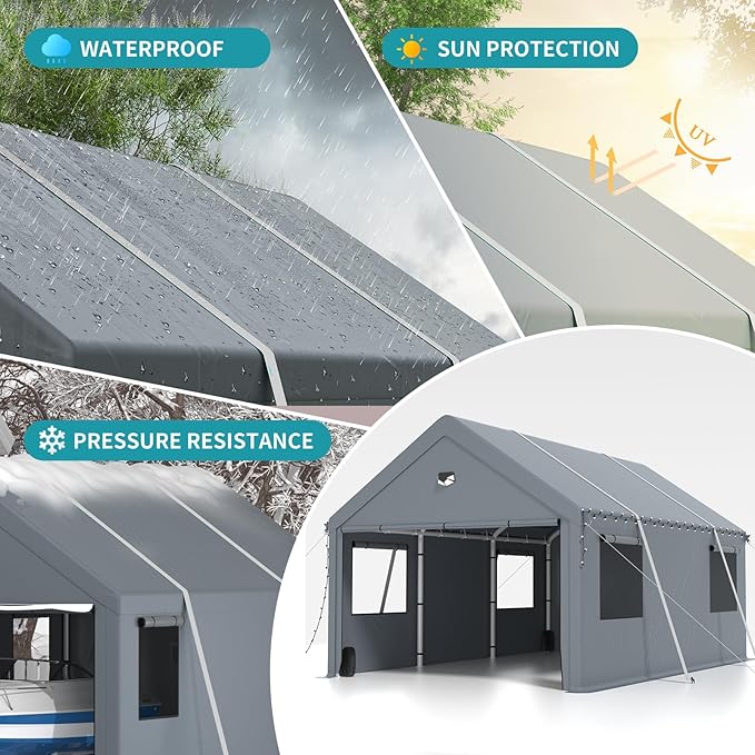 10x16FT Heavy Duty Carport Canopy,Extra Large Portable Car Tent Garage with Roll-up Windows and All-Season Tarp Cover,Removable Roof&Side Wall for Car, SUV,Boats&Truck Shelter Logic Storage