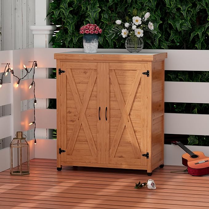 Outdoor Storage Cabinet Garden Potting Bench Table with Metal Tabletop, Solid Wood Planting Work Bench Table for Backyard Patio Lawn, 31×18×36" (Wood)