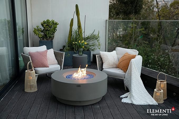 Elementi+ | Colosseo Gas Fire Pit Cast Concrete 40" Dia. Round Fire Table, Outdoor Fire Pit Electronic Ignition | Canvas Cover, Fire Glass and Burner Lid Included | Light Gray | Natural Gas