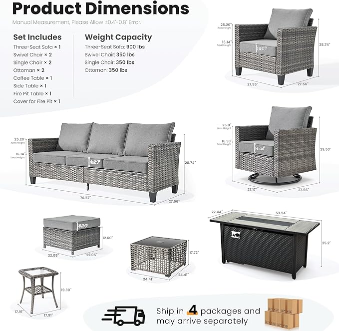 ovios 10 Pieces Patio Furniture Set with Swivel Chairs Rocking Gliders, 54" Fire Pit Table, Outdoor Sofa Couch with Solar Lights Table, Modern Deep Seat Wicker Rattan Conversation Set, Dark Grey