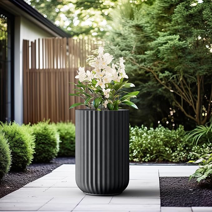 Kante Tall Fulted Planter, 21.7 Inch Tall Round Concrete Plant Pots with Drainage Hole and Rubber Plug, Modern Decor for Indoor Outdoor Plants, Flower, Black
