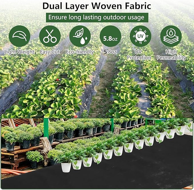 PioneerWorks Landscape Fabric 5.8oz, 4 x 300FT Weed Fabric Barrier, Double Layer, Weed Control Fabric Ground Cover, Garden Fabric Weed Barrier, Gardening Mat for Garden Beds, Landscap