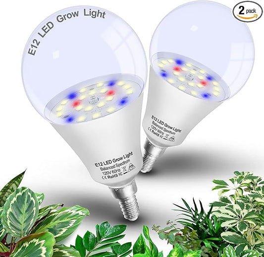 Full Spectrum Small Base E12 Candelabra Plant Grow Light Bulbs,Red Blue Yellow 5000K White Plant Growing Lamp Bulbs 10W with Balanced Spectrum for Indoor Seeds Greens Laboratory,School,Greenhouse,2Pcs