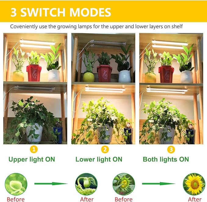 Plant Lights for Indoor Plants, Full Spectrum Growing Lamps for Indoor Plants, Auto On & Off Timer, 10 Dimmable Levels Grow Light Strip for Hydroponic Succulent Seedling (2 Strips x 2pcs)
