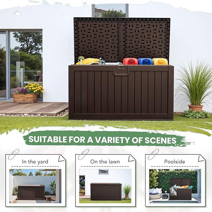Greesum 230 Gallon HDPE Outdoor Storage Box with Removable Dividers, Weatherproof Oversized Deck Box for Patio, Garage, Garden, Brown