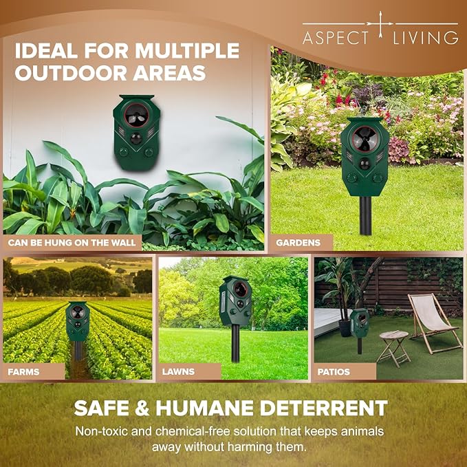 2 Pack Solar Ultrasonic Animal Repeller Outdoor – Motion Sensor Activated Deer Repellent with Flashing Lights & Sound, IP65 Waterproof, Deterrent for Cats, Dogs, Raccoons, Skunks, Birds