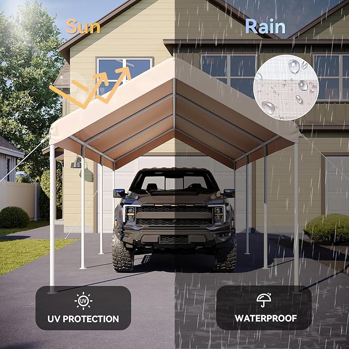 Aoxun 10x20 ft Heavy Duty Carport with Tarp & Wind Resistance Portable Carport Car Tent Outdoor Car Port with Tear Resistant Canopy, No Sidewall - Khaki
