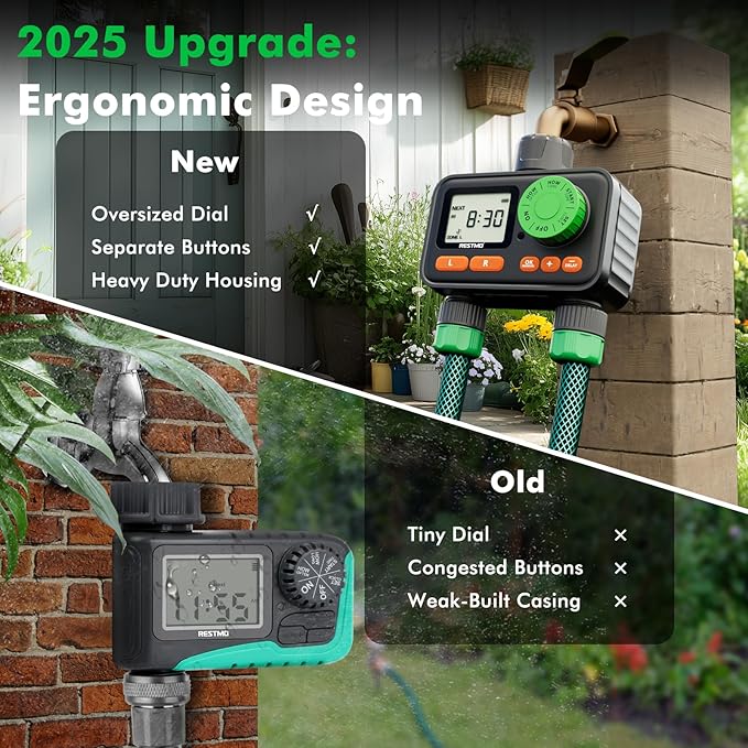[2 Pack] RESTMO 2 Zone Sprinkler Timer, Programmable Water Timer for Garden Hose, Automatic Digital Control | Manual ON/Off | Rain Delay for Outdoor Faucet, Drip Irrigation and Lawn Watering System