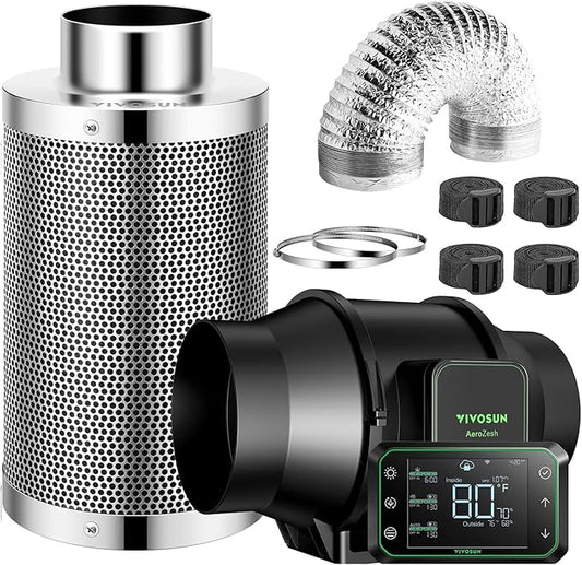VIVOSUN Smart Air Filtration PRO S6 Kit 6", AeroZesh S6 Inline Duct Fan w/GrowHub E42A Temp. Humidity WiFi-Controller, Carbon Filter & Ducting, Cooling & Ventilation System for Grow Tent, Hydroponics