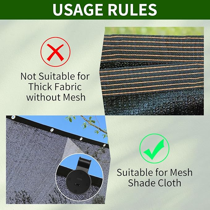 50PCS Shade Cloth Plastic Clips Heavy Duty Lock Grips with Rope, Round Plastic Black Clips Sunshade Net Fixing Clip, Shade Fabric Clips for Bird Netting, Garden Netting (50PCS+Nylon Rope)