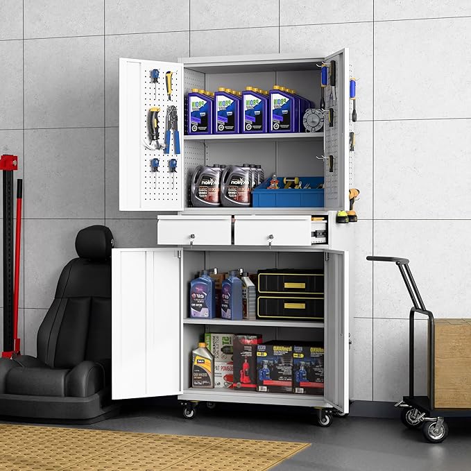 71" H Metal Garage Storage Cabinet with Wheels,Tool Storage Cabinet with Pegboard,2 Drawers and Lockable Doors for Garage, Warehouse,Home,Required Assembly,Grey and White