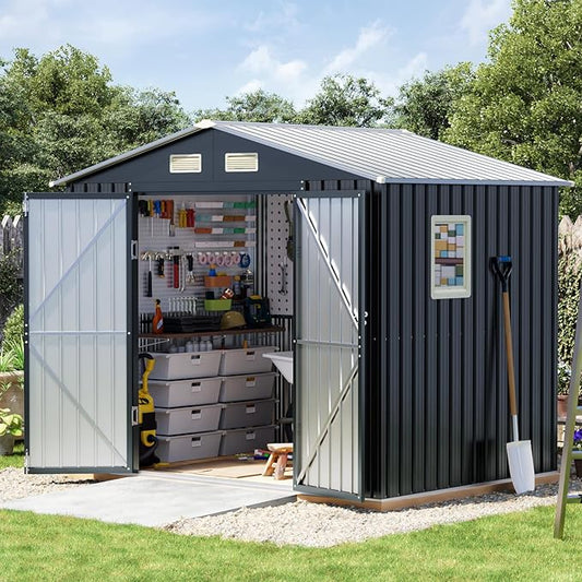 6x8FT Outdoor Metal Storage Shed, Double Door, 1 Clear Window, Tool Shed for Garden, Patio, Backyard