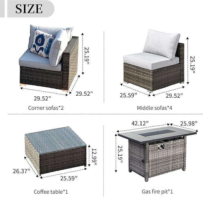 HOOOWOOO 8 Piece Patio Sectional Furniture Set with Fire Pit Table,Modern Wicker Outdoor Conversation Sofa Sets,Weather Resistant Modular L Shaped Outside Couch Set(Light Grey)