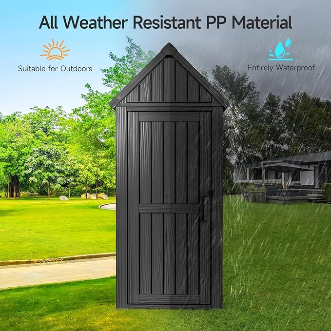 Multifunctional Storage Shed, Outdoor Storage Cabinet with Hooks and Lock Ring, Waterproof Outdoor Storage Shed for All Weather, Tool Outdoor Shed for Patio Lawn and Garden