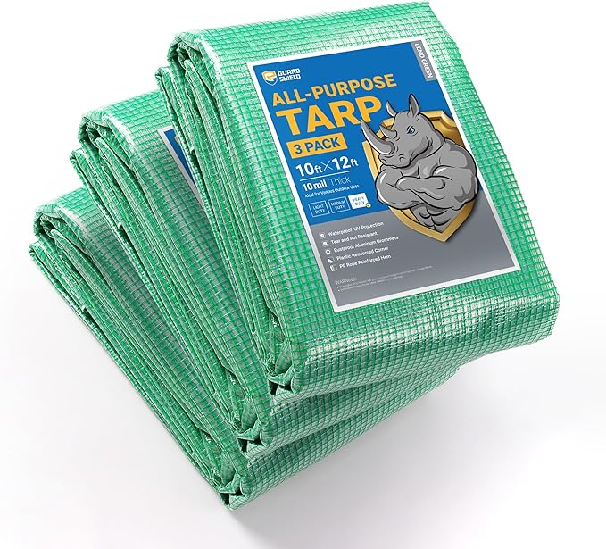 GUARD SHIELD Clear Green Tarp Heavy Duty 10x12 Feet Waterproof for Greenhouse Outdoor Garden Poly Cover UV Resistant 3x3 Weave 10mil (3-Pack)