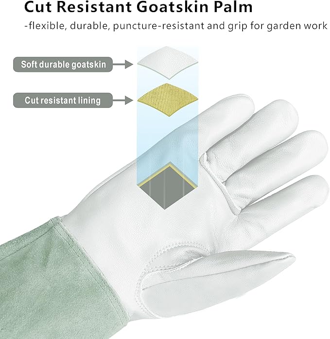 Leather Gardening Gloves – Goatskin Palm & Cowhide Cuff, Thorn-Resistant Long Garden Work Gloves for Men & Women(L)
