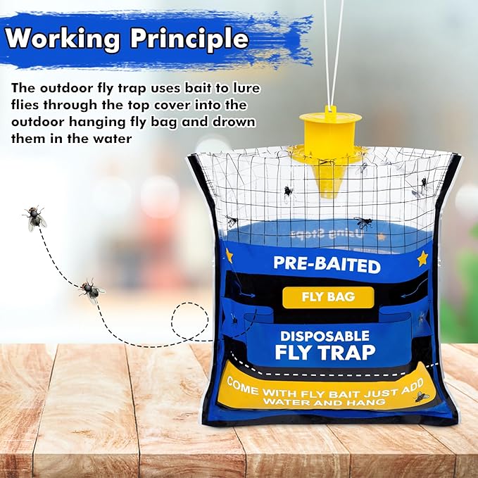 10 Fly Traps Hanging Outdoor, Natural Pre-Baited Fly Bag Outdoor Disposable, Fly Catcher, Killer, Hunter, Stable, Farm, Barn, Ranch, Fly Trap for Mosquitoes