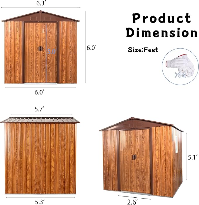 6x6 FT Outdoor Storage Shed, Metal Garden Shed with Frame Floor, Outside Tool Shed with Window, Waterproof Storage Building with Lockable Sliding Doors & Sloped Roof for Backyard, Patio, Coffee