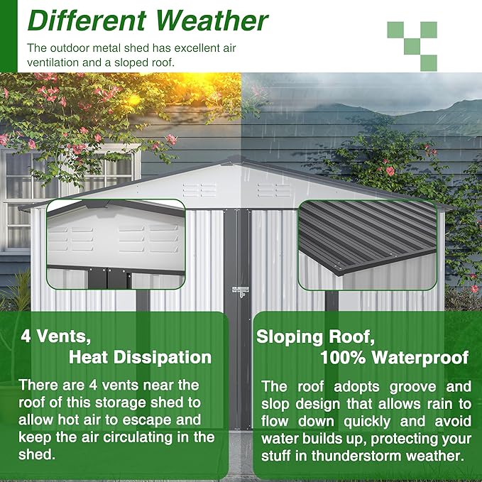 10X8 FT Outdoor Storage Shed, All Weather Metal Sheds with Lockable Doors, Tool Shed for Garden, Patio, Backyard, Lawn (White, 10x8ft)