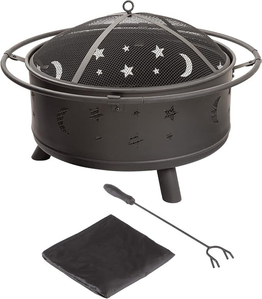 Fire Pit - 32-Inch Outdoor Wood Burning Firepit with Screen, Poker, and Cover - Outdoor Fire Pits for Backyard, Deck, or Patio by Pure Garden (Black)